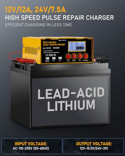 12-Amp Smart Battery Charger,Lithium,Lead-Acid(AGM/Gel/SLA) Pulse Repair Car Battery Charger,Trickle Charger,Maintainer/Deep Cycle Charger,12V/10A | 24V/7.5A for Automotive,Boat,Motorcycle,Lawn Mower