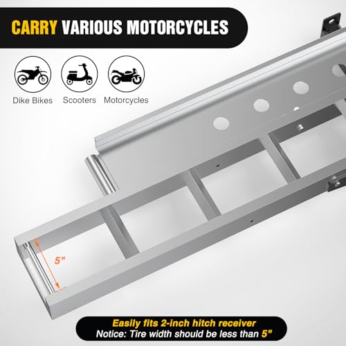 Nilight Motorcycle Hitch Carrier 400LBS, Lightweight Robust Aluminum Dirt Bike Hitch Hauler with 55.11" Longer Ramp, Pin Lock, Tie-Down Strap and Tightener, 2" Receiver, 5" Wide Tire - color: Motorcycle Hitch Carrier Aluminum 400 LBS