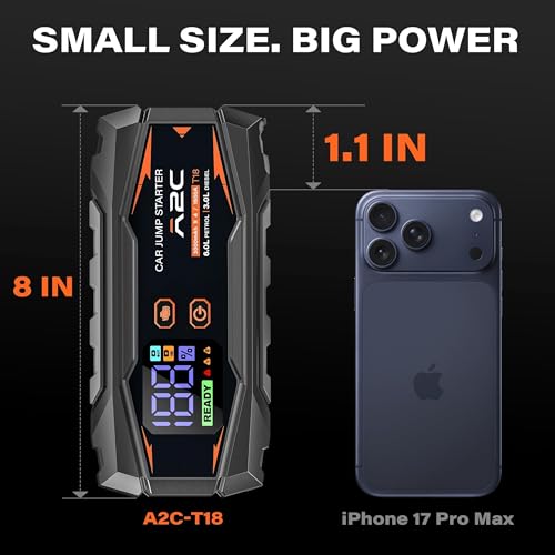 A2C T18 1500A Portable Car Jump Starter, 12V Auto Battery Booster | Fits 6.0L gas / 3.0L diesel, 12000mAh power bank, QC3.0 fast charging, NTC smart safety clamps, LED flashlight, with EVA case