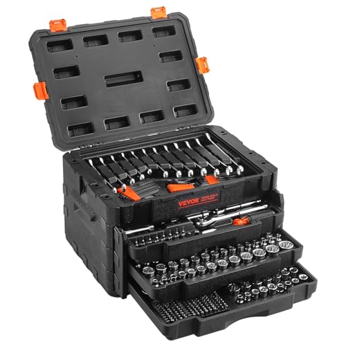 VEVOR Mechanics Tool Set and Socket Set, 1/4" 3/8" 1/2" Drive, 450 PCS | SAE and Metric Socket Wrench Set with 3-Drawer Tool Box, Tool Kit with Bits, Combination Wrench, Hex Wrenches, Accessories - size: 1/4"&3/8"&1/2", style: 450 PCS