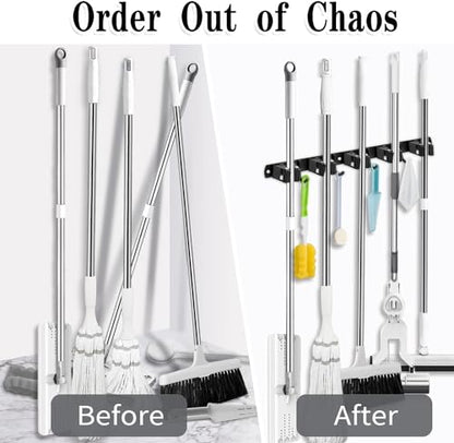 Black Broom Holder Wall Mount, 5 Racks 4 Hooks Mop and Broom Organizer | Mop Holder Wall Mount and Broom Hanger for Garage, Laundry Room, Kitchen and Utility Storage - color: 5 Racks & 4 Hooks (Black) - 1 Pack