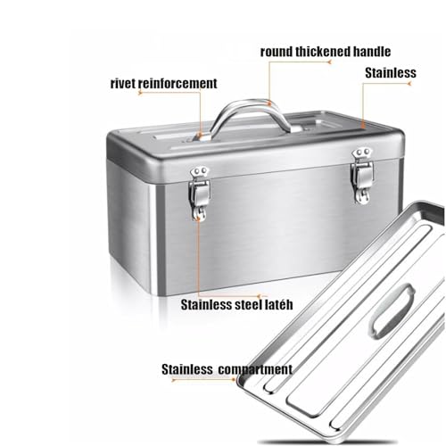 18" Metal ToolBox,Stainless Steel Tool Box,Heavy Duty Portable Tool Box,2 Layer with Carrying Handle metal locking latches make and Removable Tray,for Garage Workshop (Silver)