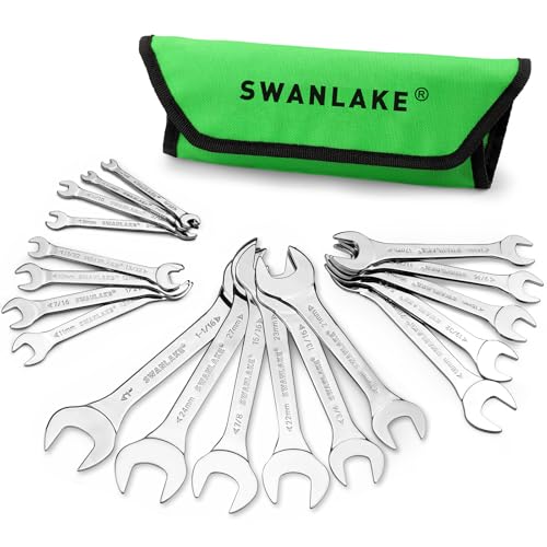 SWANLAKE GARDEN TOOLS 19-Piece Super-Thin Open End Wrench Set with Rolling Pouch, Metric 5.5–27 mm & SAE 1/4"-1-1/16", 3 mm Thickness Slim Spanner Wrench Set, Carbon Steel - style: 19PCS Metric&SAE Super-Thin