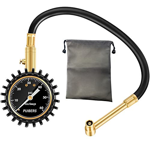 Motorcycle Tire Pressure Gauge 60 PSI, PUIBERS 2’’ dial Mechanical Tire Gauges with 90 Degree Right Angle Chuck Flexible Hose, Tires Guages for Pressure Glow in The Dark for Cars, Motos, Bicycles - size: 60PSI Motorcycle