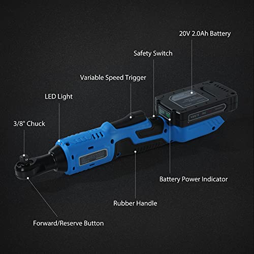 WISETOOL 20V Cordless Electric Ratchet Wrench Set,3/8" Power Ratchet Wrench Kit with 2-Pack 2000mAh Lithium-Ion Batteries,Max Torque 60N.m(44.25 ft-lbs),Variable Speed - size: Cordless Ratchet Wrench