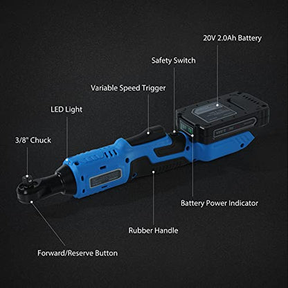 WISETOOL 20V Cordless Electric Ratchet Wrench Set,3/8" Power Ratchet Wrench Kit with 2-Pack 2000mAh Lithium-Ion Batteries,Max Torque 60N.m(44.25 ft-lbs),Variable Speed - size: Cordless Ratchet Wrench