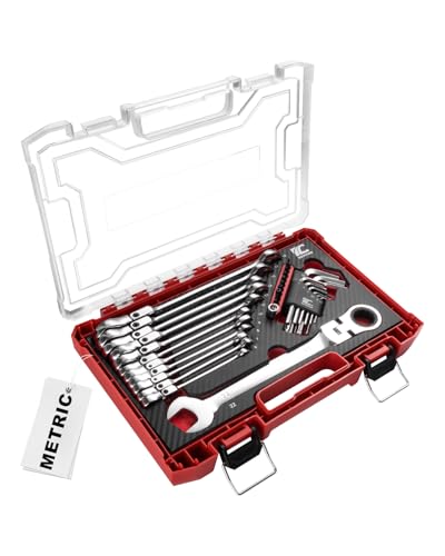 ROTATION 32 Piece Metric Flex-Head Ratcheting Wrench Set, 6-22mm Combination Ratcheting Wrenches with Hex Keys, Bits, and 1/4" Adapter, Chrome Vanadium Steel, Includes Storage Case - size: Metric