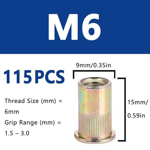 115Pcs M6 Rivet Nuts, Metric Zinc Plated Finish Carbon Steel Flat Head Threaded Insert Nutsert Kit - color: Yellow, size: M6