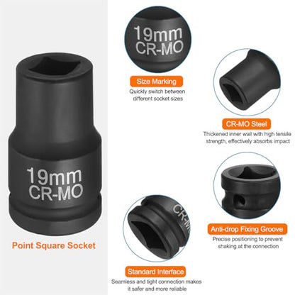 HARFINGTON 4 Point Square Socket 1" Drive 19mm Metric Square Impact Socket CR-MO Blackening Standard Wheel Sleeve Pneumatic Sleeve Tool for Auto Repair Mechanical Maintenance Home Use - size: 1"/19mm
