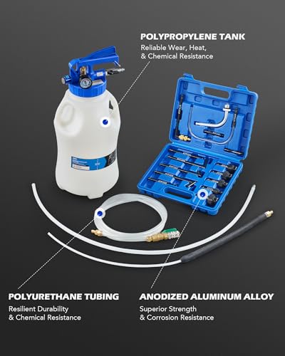 OMT 2.6 Gallon Vacuum Fluid Evacuator and Filler Set with 15 ATF Adapters | 10L Pneumatic Transmission Bleeder for Shops; Hands-Free Trigger Lock; Pressure Gauge; Heat Resistant Nylon Tubes; Auto Care