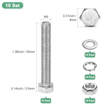 M METERXITY 10-Pack Hex Head Screw Bolt with Nuts Flat & Lock Washers M5x35mm Stainless Steel Bolts and Nuts Kit Fully Threaded Metric Bolt Assortment for Equipment/Machinery - size: M5x35mm