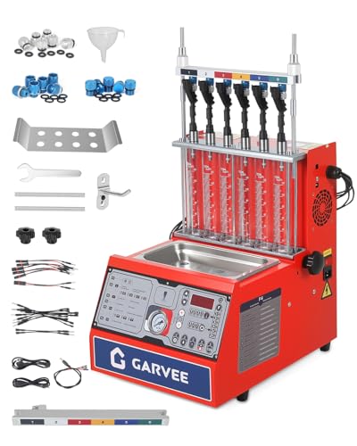 Garvee Fuel Injector Cleaner Tester 6-Cylinder 11 Test Modes 12V, Ultrasonic Injection Cleaning Machine with Adjustable Pressure (0-10 bar) & Pulse Width (0.1-25ms), Resistance Test, Digital Display - size: 6-Cylinder Model， 1-in-1