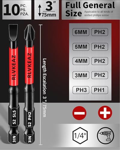 10-PCS 3" Long Magnetic Screwdriver Bits Set: Phillips Bits #1/#2/#3 & Slotted Head - S2 Alloy Steel, 1/4" Hex Shank for Impact Driver, Power Drill - Pro & DIY - style: 3'' slotted phillips bit 10pcs