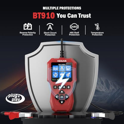 Car Battery Tester 6V 12V with Lithium Battery Testing, VEHLIVE BT910 5-3000CCA Battery Load Tester, Automotive Alternator Tester Charging Cranking System Tester for Car Truck Motorcycle SUV ATV Boat - color: China Red