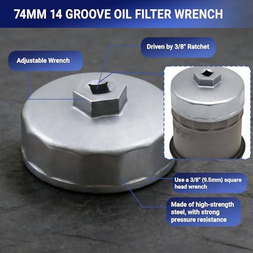 Oil Filter Wrench, Heavy Duty Aluminum 74mm 14-Flute Oil Filter Cap Removal Tool, Compatible with Mercedes Benz, Audi, VW, Porsche, Audi, Mazda, Sprinter Select Mobil1, Bosch, Mahle
