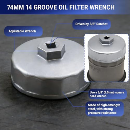 Oil Filter Wrench, Heavy Duty Aluminum 74mm 14-Flute Oil Filter Cap Removal Tool, Compatible with Mercedes Benz, Audi, VW, Porsche, Audi, Mazda, Sprinter Select Mobil1, Bosch, Mahle