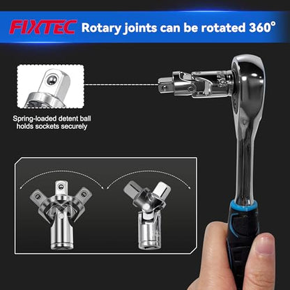 FIXTEC 46-Piece 1/4-Inch Drive Socket Ratchet Wrench Set, Metric Socket & Bit Set with Extension Bars, Universal Joint and Storage Case, CR-V Steel Tool Kit for Auto Repair and Home Maintenance