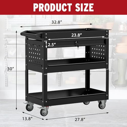 3 Tier Rolling Cart, Heavy Duty Utility Industrial Service Carts on Wheels, Metal Tool Cart with Locked Drawers, Ideal for Garage, Warehouse and Repair Shop（Black） - color: Black