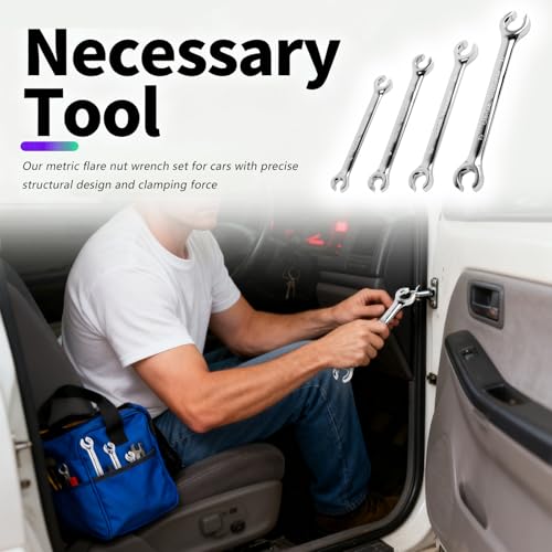 4PCS Carbon Steel Brake Line Wrench Set with 8mm/10mm/9mm/11mm/13mm/14mm/15 mm/17mm,Double-ended Offset Flare Nut Wrench Set for Detaching Nuts,Metric Flare Wrenches Sets for Car