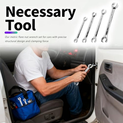 4PCS Carbon Steel Brake Line Wrench Set with 8mm/10mm/9mm/11mm/13mm/14mm/15 mm/17mm,Double-ended Offset Flare Nut Wrench Set for Detaching Nuts,Metric Flare Wrenches Sets for Car