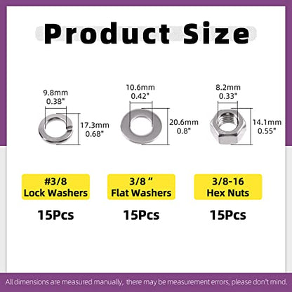 Swpeet 45Pcs SAE 304 Stainless Steel 3/8-16" Hex Nuts and #3/8 Flat Washers with #3/8 Split Lock Washers Assortment Kit, Coarse Thread Hexagon Nut for Home Automotive Shop Use - size: #3/8-16 Hex Nuts & Washers