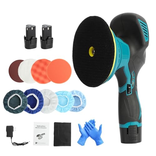 Cordless Car Buffer Polisher, 6 Variable Speed Battery Powered Cordless Powerful Motor Ergonomic Handle Car Polishing Dual Action Car Buffer Polisher with Gloves Apron Set Black&Blue