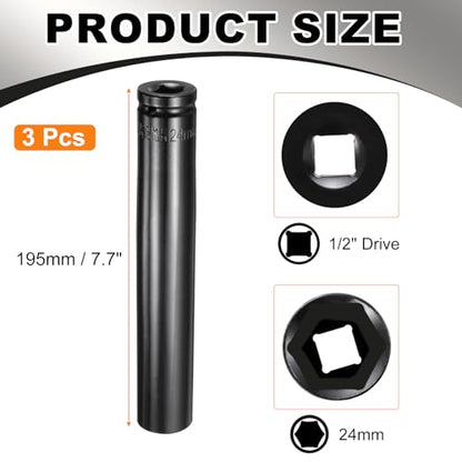 HARFINGTON 3pcs 6-Point Deep Impact Socket 1/2" Drive 24mm Metric Socket 8" (205mm) Extra Long Heat-Treated 45# Steel for Home Auto Spindle Axle Hex Nuts Bolts Repair, Black - size: 24mm + 8" Long