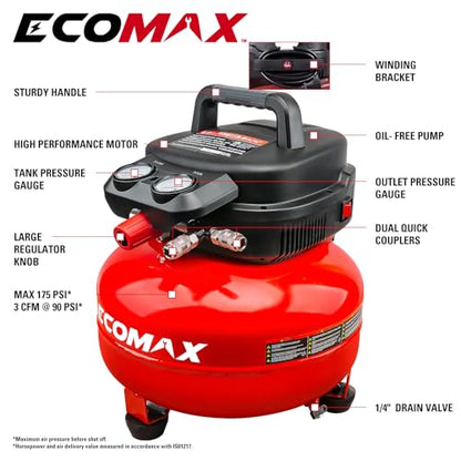 ECOMAX 6 Gallon Pancake Air Compressor 175PSI 3 CFM @ 90 PSI | Oil-Free Pump, 10 Accessories Kit, Dual Quick Couplers, for Brad Nailers, Air Tools & Tire Inflation - style: Accessories Kit