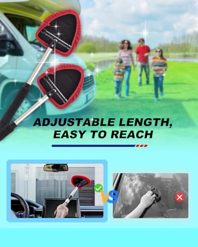 Windshield Cleaner Tool, Car Inside Windshield Cleaner Tool，Inside Car Window Cleaning Tool Kit, Window Glass Wiper Kit Comes with 4 Washable & Reusable Microfiber Pads, 2 Wet and 2 Dry Use - color: Red+Blue
