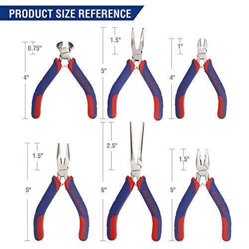 WORKPRO 6-piece Mini Pliers Set with Pouch | Needle Nose, Diagonal, Long Nose, Bent Nose, End Cutting and Linesman, for Making Crafts, Repairing Electronic with Pouch - color: Blue