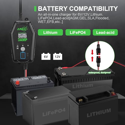 3A 6V/12V Smart Battery Charger Maintainer Fully Automatic Trickle Charger with Waterproof Desulfation for Cars, Motorcycles, Boats, LawnMowers-Compatible with Lead-Acid, LithiumLiFePO4 Batteries