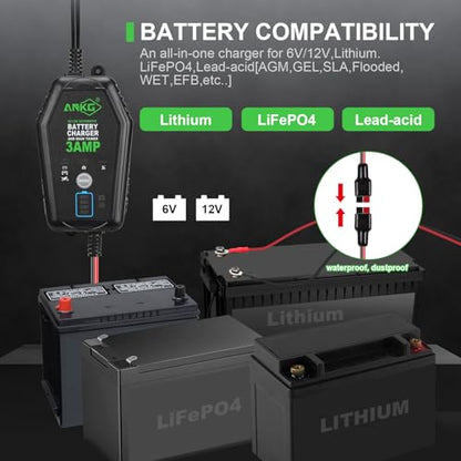 3A 6V/12V Smart Battery Charger Maintainer Fully Automatic Trickle Charger with Waterproof Desulfation for Cars, Motorcycles, Boats, LawnMowers-Compatible with Lead-Acid, LithiumLiFePO4 Batteries