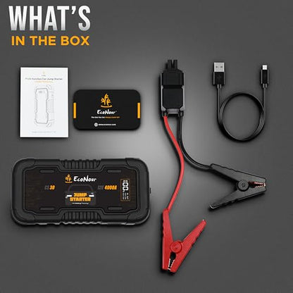 EcoNour car Battery Jump Starter 4000A Peak Up to 10L Gas & 10L Diesel Engines 12V Lithium Jump Box with Jumper Cables, USB Charger, LCD Display, LED Flashlight – for Cars, SUVs, Trucks - color: Black, size: 4000A
