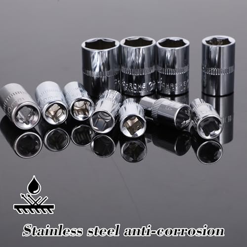 11 Piece Silver Carbon Steel Socket Set, 1/4" 6-Point Drive Metric Socket Set, Metric Sizes 14-4mm, Durable Corrosion-Resistant for Mechanical Repairs