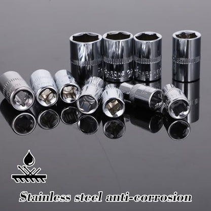 11 Piece Silver Carbon Steel Socket Set, 1/4" 6-Point Drive Metric Socket Set, Metric Sizes 14-4mm, Durable Corrosion-Resistant for Mechanical Repairs