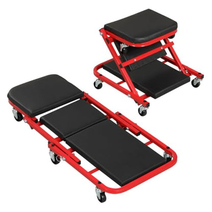 Folding Mechanic Creeper Stool, Heavy Duty Padded Seat for Garage Workshop, Low Profile Auto Repair Rolling Seat with Tool Tray, Shop Stool Workshop Seat Car Repair Creeper Under Car Creeper
