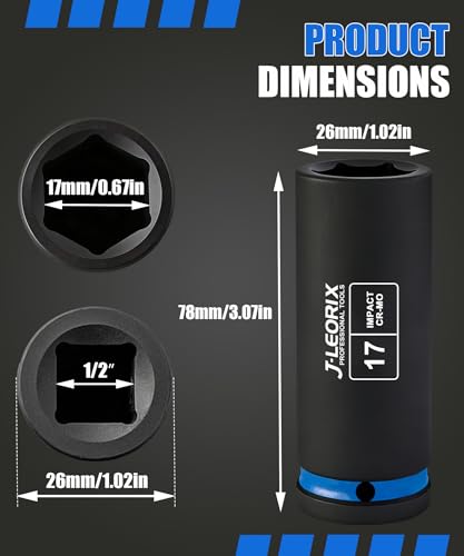 17mm Deep Impact Socket 1/2" Drive CR-MO Steel 6-Point | CR-MO steel impact socket set. 1/2" drive, 6-point design. Deep reach for lug nuts & axle nuts. - size: 17mm