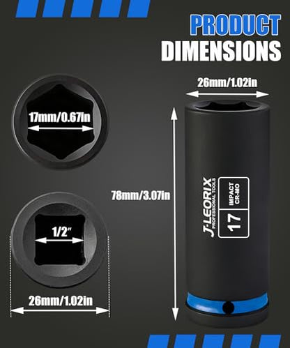 17mm Deep Impact Socket 1/2" Drive CR-MO Steel 6-Point | CR-MO steel impact socket set. 1/2" drive, 6-point design. Deep reach for lug nuts & axle nuts. - size: 17mm