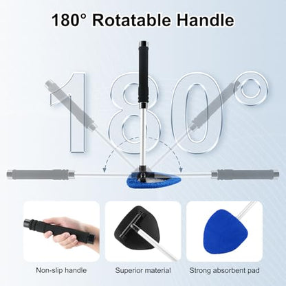 JUSTTOP Windshield Cleaner Tool, Car Interior and Exterior Window Cleaning Kit with Extendable Handle & 4 Reusable Microfiber Pads, Auto Glass Wiper Brush Kit for Car & Home Windows (Blue) - color: Blue