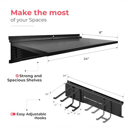 TIDYME Heavy-Duty Garage Wall Storage System | Wall Mounted Tool Organizer Rack with Shelving | 12-Piece Mounting Kit | 6x10” Double-Layered Hooks & 2x24” Floating Utility Shelves - size: 96" (2 Shelves)