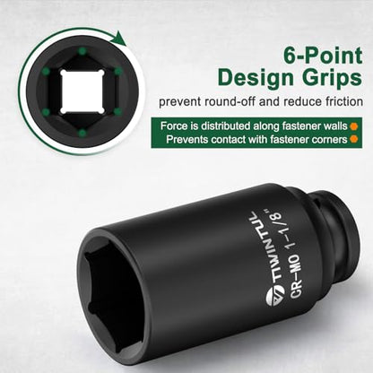 1-1/8" Deep Impact Socket 1/2 Inch Drive for Truck and SUV | CR-MO Steel Impact Socket, 3.07" Length, 6 Point Design, SAE Size, Axle Nut Socket for Easy Removal of Axle Shaft Nuts - size: 1-1/8" (Deep)