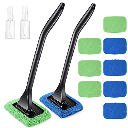 Frienda 2 Set Windshield Cleaner Tool Inside Car Windshield Cleaning Wand Auto Window Cleaner with Detachable Handle, 8 Reusable Microfiber Pads and 2 Spray Bottles for Car Interior(Blue, Green) - color: Blue, Green