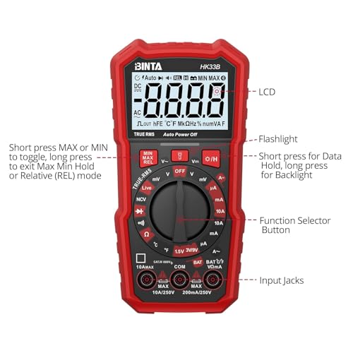 BINTA Digital Multimeter 2000 Counts Voltmeter with AC/DC Voltage Current | Battery Tester Ohm Volt Amp Meter, Multimeter Tester with NCV, Temperature, Diode Measuring for Automotive Home Industrial - style: 2000 Counts