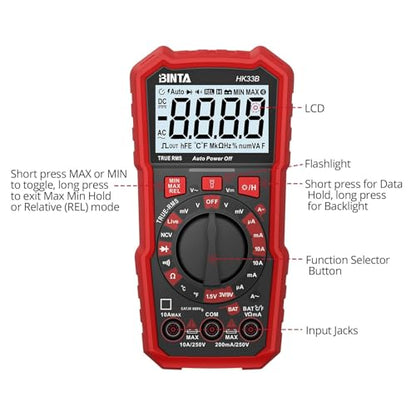 BINTA Digital Multimeter 2000 Counts Voltmeter with AC/DC Voltage Current | Battery Tester Ohm Volt Amp Meter, Multimeter Tester with NCV, Temperature, Diode Measuring for Automotive Home Industrial - style: 2000 Counts