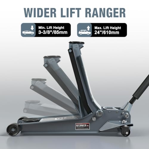 3 Ton Floor Jack Extra Long-Reach Low Profile Hydraulic Jack with Dual-Piston Quick Lift Pump, Home & Shop Auto Repair, Fits Most Vehicles, 6,600 lb Capacity, Gray