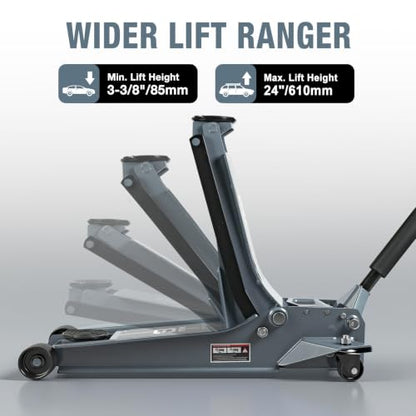 3 Ton Floor Jack Extra Long-Reach Low Profile Hydraulic Jack with Dual-Piston Quick Lift Pump, Home & Shop Auto Repair, Fits Most Vehicles, 6,600 lb Capacity, Gray