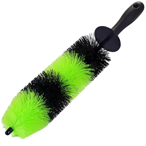 TAKAVU Wheel & Tire Brush, Long Soft Bristle, Easy Reach for Rims (Green) | Detailing Scrub Brush Cleans Rims, Exhaust Tips & Motorcycles, Long Bristle for Deep Barrel & Wheel Well Reach - color: Green & Black