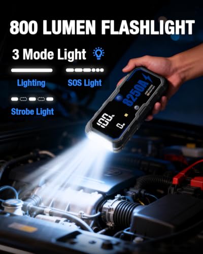 Portable 8250A Car Battery Jump Starter with PD-65W (for All Gas or 10.0+L Diesel), 12V Potable Car Jump Start with 4.01 inch HD Screen, 2 USB Power Bank 24-Months Stand-by Time - size: 8250A+65W