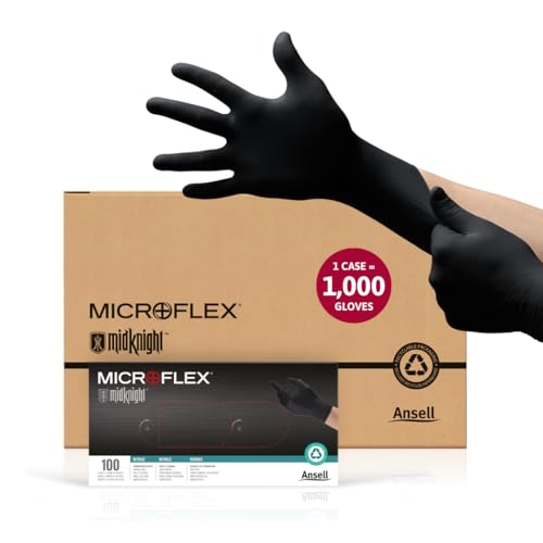 Ansell MICROFLEX MidKnight MK-296 Disposable Nitrile Gloves for Automotive, Law Enforcement w/Full Texture - X-Large, Black (Case of 1000) - size: X-Large (Pack of 1000), style: Thick