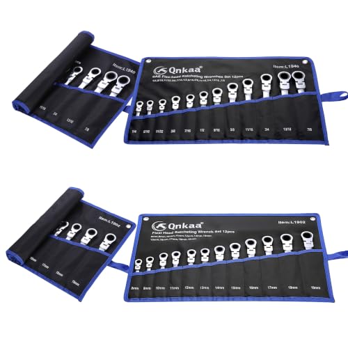 Qnkaa Flexible Ratcheting Wrench Set 24pcs Metric 8-19mm & SAE 1/4” to 7/8“ Inch Flex-Head Spanner Gear Ring Ratchet Combination Wrenches Kit with Pouches